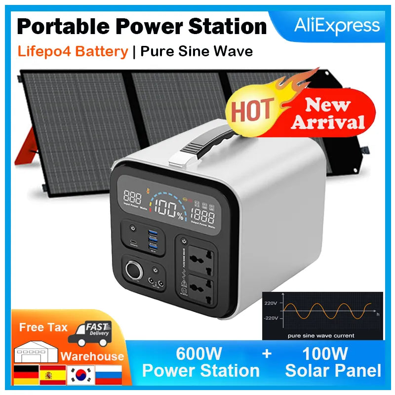 Outdoor Camping Portable Power Station 600W with100W Solar Panel, lifepo4 battery, Pure Sine Wave, Free Tax