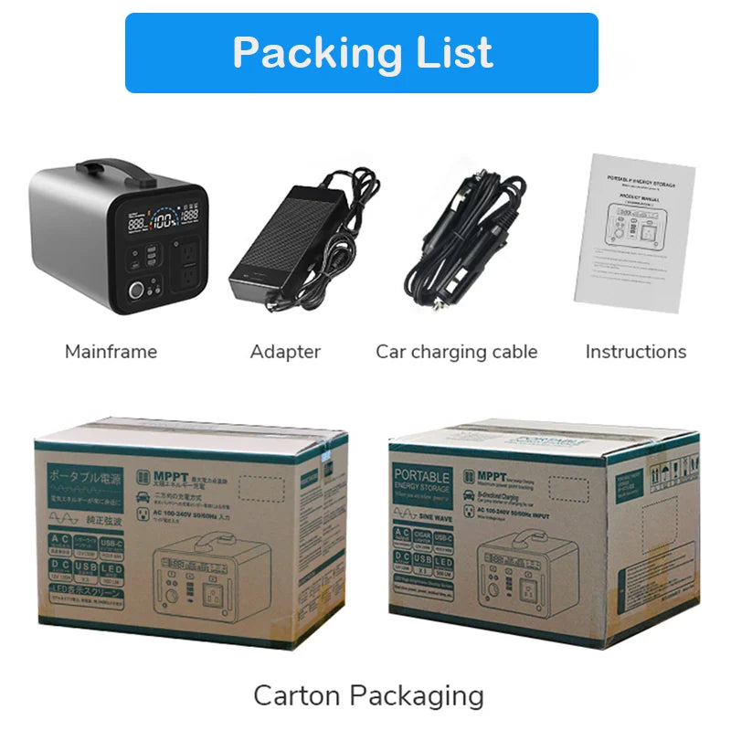 Outdoor Camping Portable Power Station 600W with100W Solar Panel, lifepo4 battery, Pure Sine Wave, Free Tax