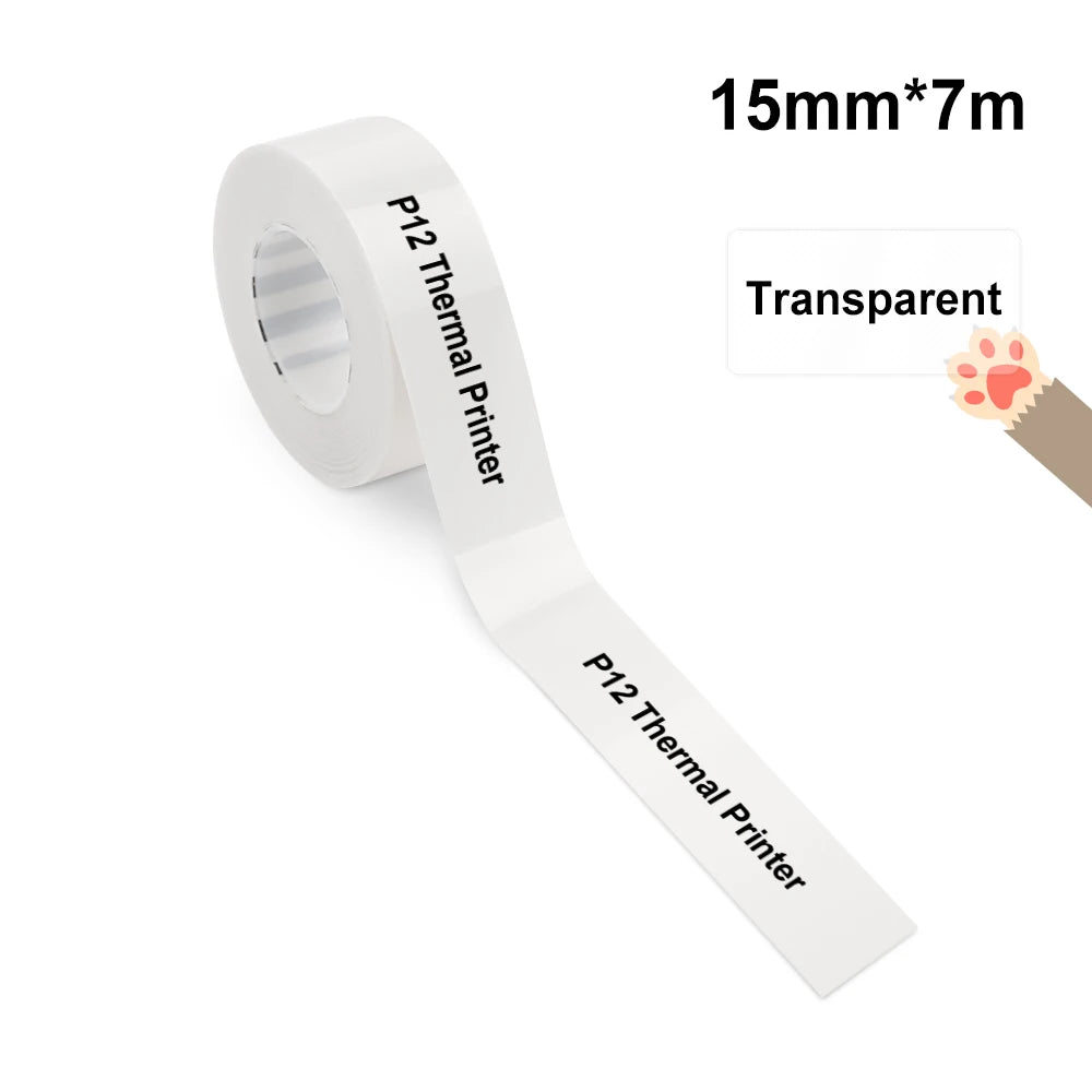 P12 Mini Label Printer Portable Thermal Printer P12 Bluetooth Wireless Adhesive Label Maker or 1PK Continues Label Tape Sticker 1PK Clear 15mm-7m