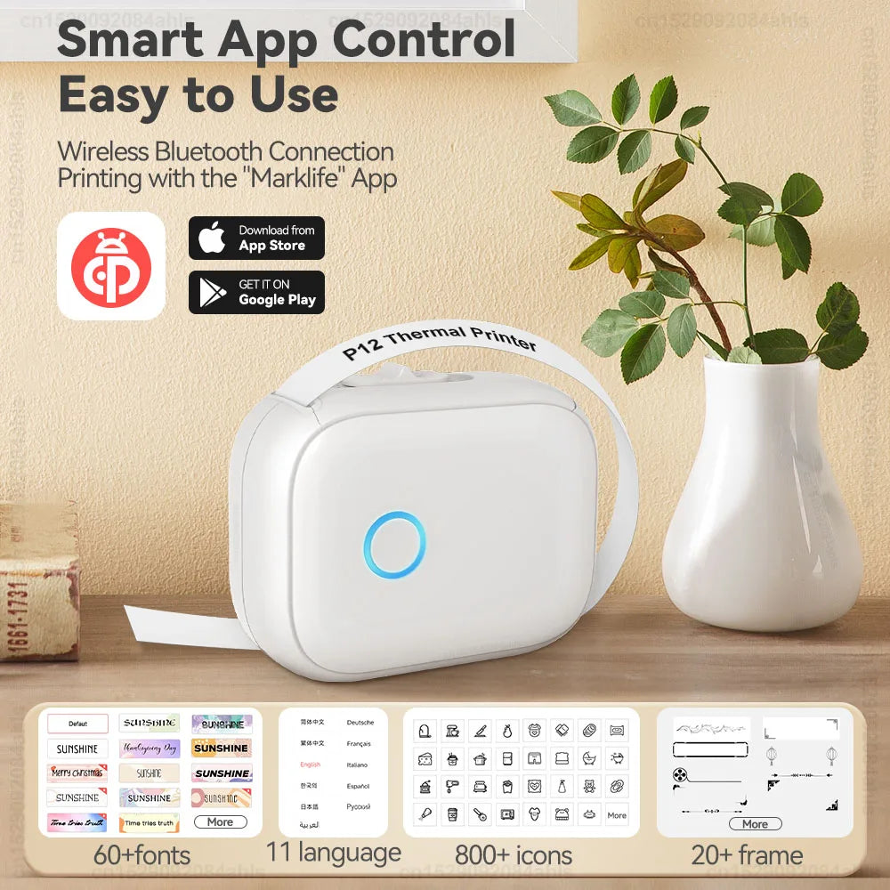 P12 Mini Label Printer Portable Thermal Printer P12 Bluetooth Wireless Adhesive Label Maker or 1PK Continues Label Tape Sticker