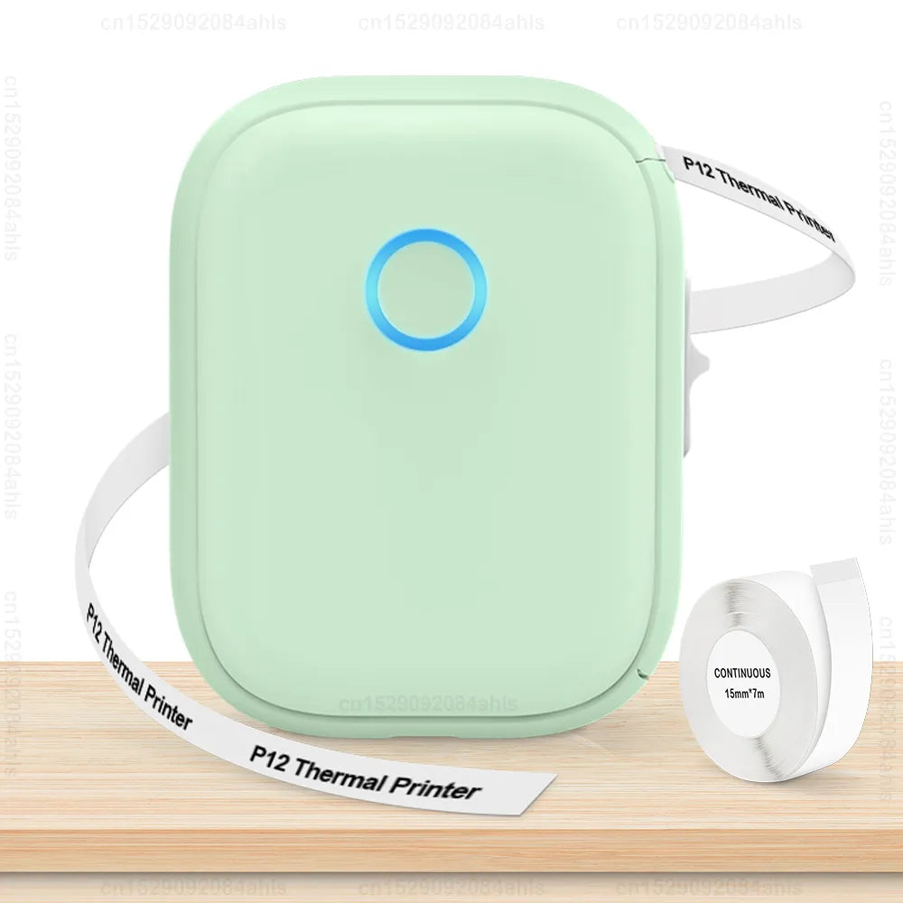 P12 Mini Label Printer Portable Thermal Printer P12 Bluetooth Wireless Adhesive Label Maker or 1PK Continues Label Tape Sticker Green Printer