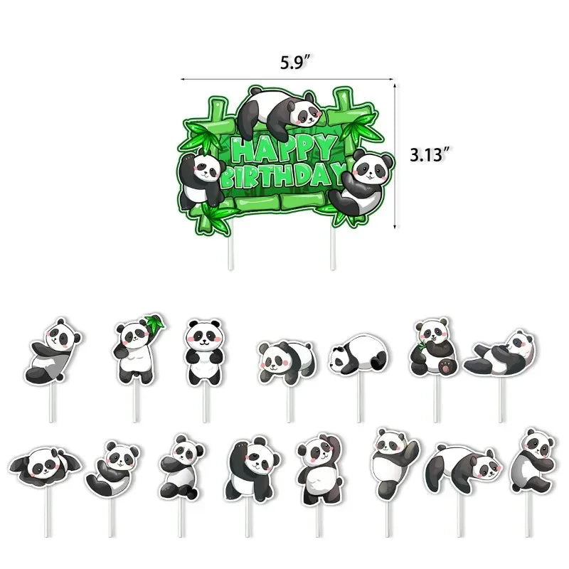 Panda Cake Toppers Happy Birthday Banner Balloon Decoration 16pcs Cake Toppers