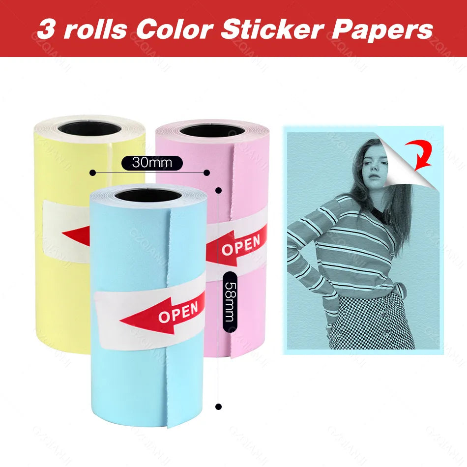Peripage A6 A8 A2 Paper 58mm Label Sticker Notes Color Photo Printer Adhesive Papers White Receipt Bill Roll Case BPA Free P1 P2 3 Color Sticker / CHINA