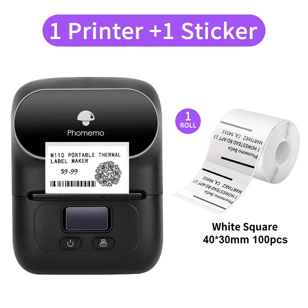Phomemo M110 Thermal Wireless Label Printer Sticker Mini Printer Barcode Bluetooth Label Maker Price Tag Printers Free APP Black / CN