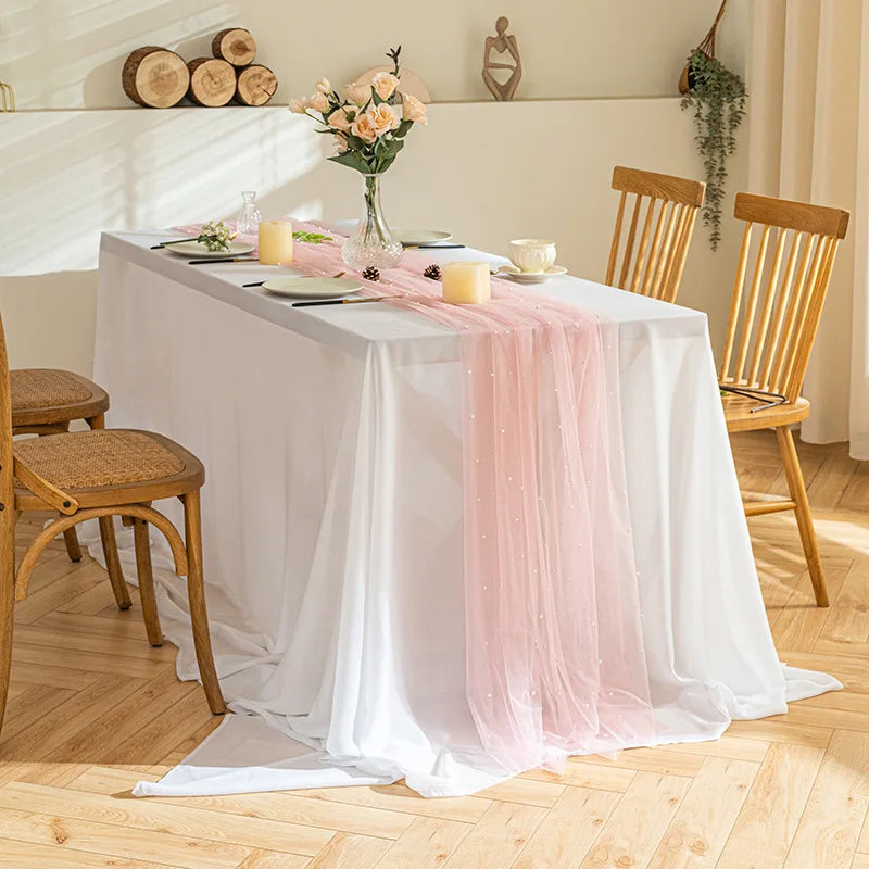 Pink Gauze Table Runner Romantic Pearl Mesh Tablecloth Wedding Decoration