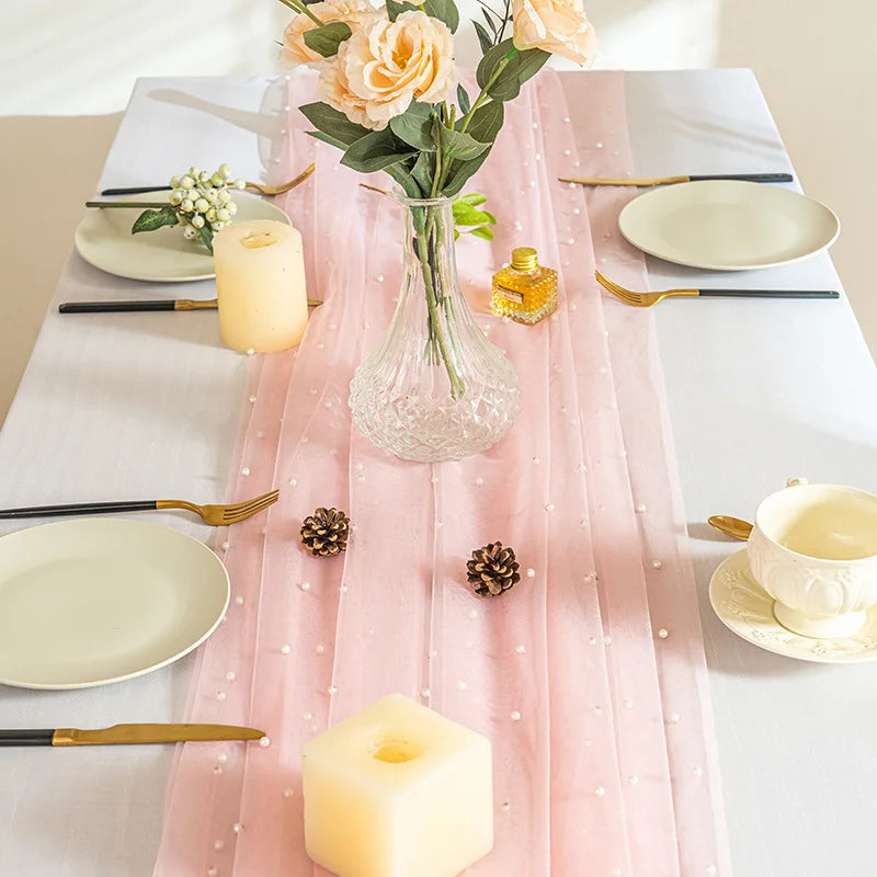 Pink Gauze Table Runner Romantic Pearl Mesh Tablecloth Wedding Decoration