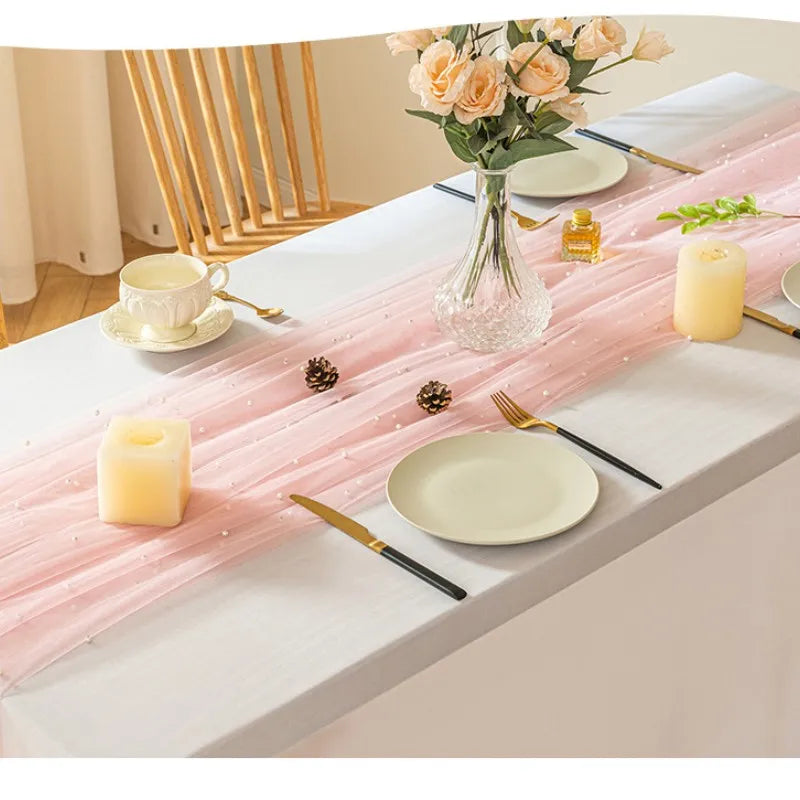 Pink Gauze Table Runner Romantic Pearl Mesh Tablecloth Wedding Decoration