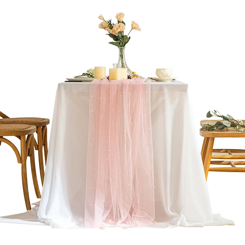 Pink Gauze Table Runner Romantic Pearl Mesh Tablecloth Wedding Decoration