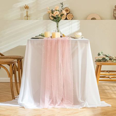Pink Gauze Table Runner Romantic Pearl Mesh Tablecloth Wedding Decoration pink / 40x300cm