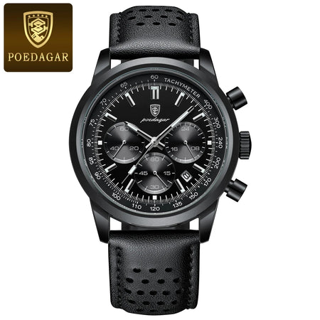 POEDAGAR Luxury Man Watch High Quality Waterproof Chronograph Luminous Men's Wristwatch Leather Men Quartz Watches Casual Clock Black Black