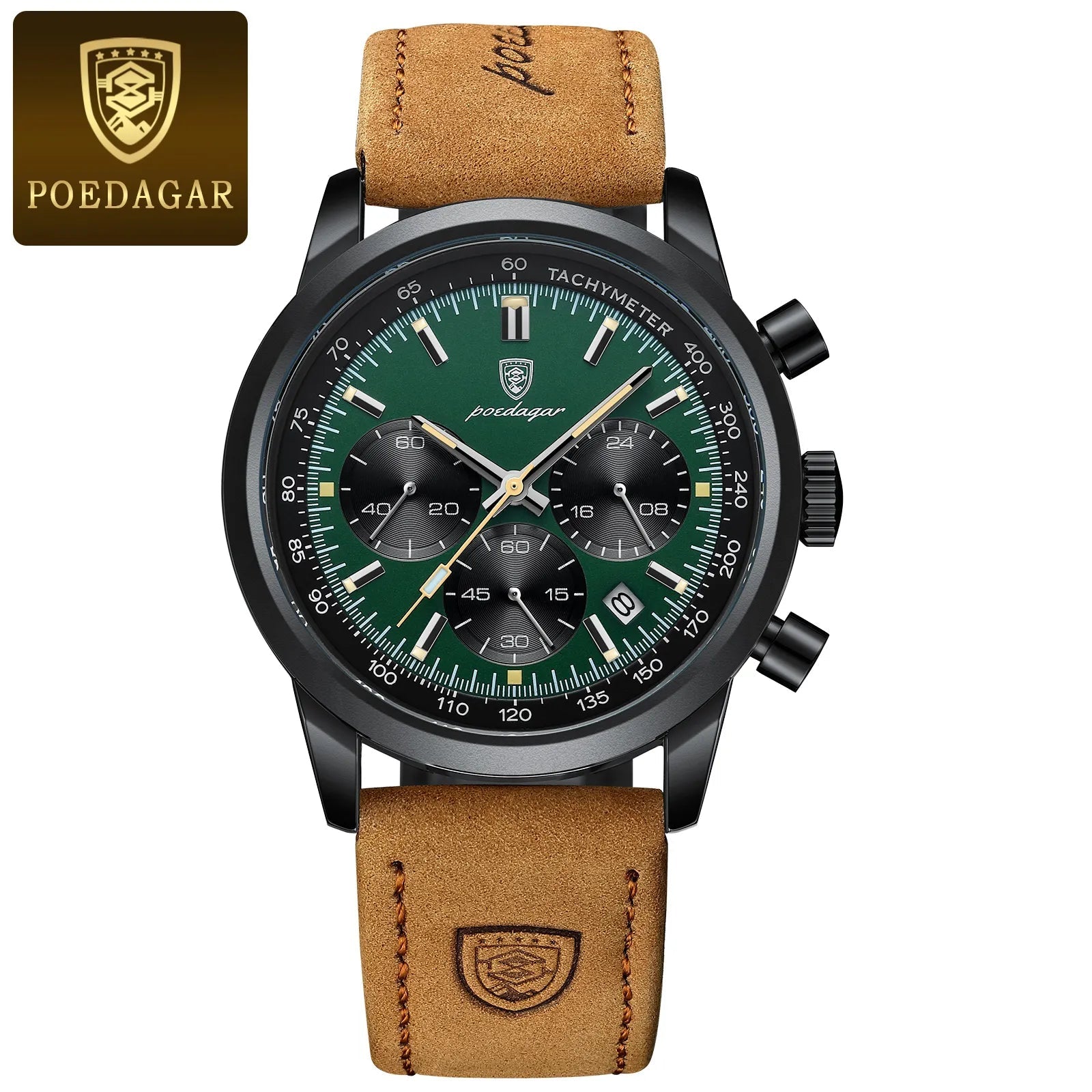 POEDAGAR Luxury Man Watch High Quality Waterproof Chronograph Luminous Men's Wristwatch Leather Men Quartz Watches Casual Clock Black Green