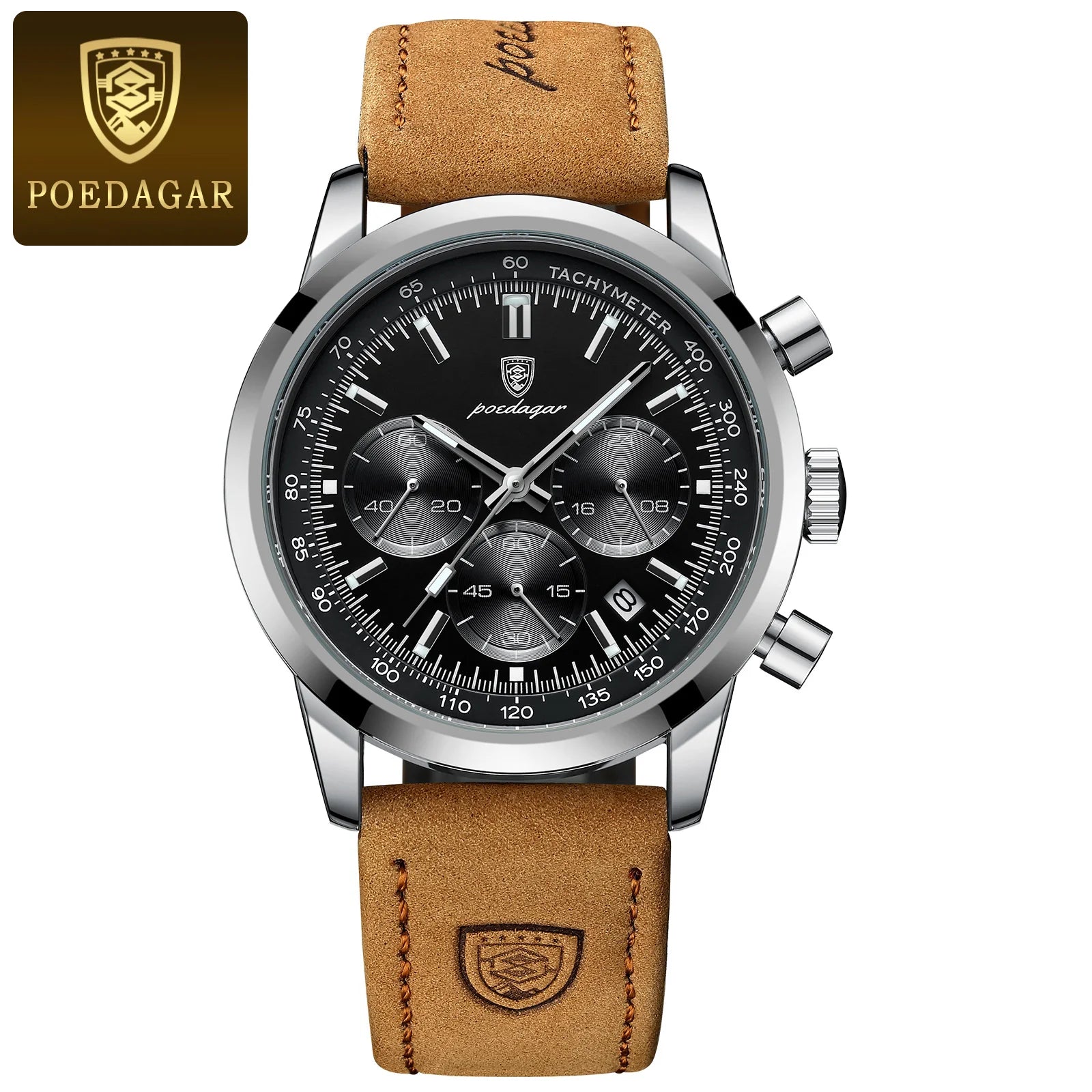 POEDAGAR Luxury Man Watch High Quality Waterproof Chronograph Luminous Men's Wristwatch Leather Men Quartz Watches Casual Clock Silver Black