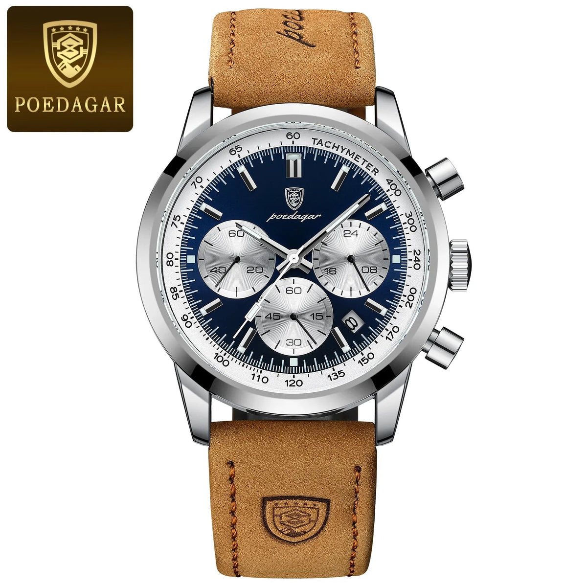POEDAGAR Luxury Man Watch High Quality Waterproof Chronograph Luminous Men's Wristwatch Leather Men Quartz Watches Casual Clock Silver Blue