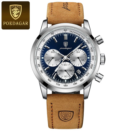 POEDAGAR Luxury Man Watch High Quality Waterproof Chronograph Luminous Men's Wristwatch Leather Men Quartz Watches Casual Clock Silver Blue