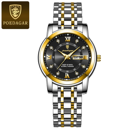 POEDAGAR Women Wristwatch Luxury Quartz Ladies Watch Waterproof Stainless Steel Luminous Date Week Women's Watches Dress Clock 769 Gold Black