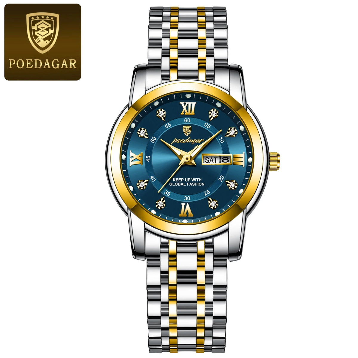 POEDAGAR Women Wristwatch Luxury Quartz Ladies Watch Waterproof Stainless Steel Luminous Date Week Women's Watches Dress Clock 769 Gold Blue