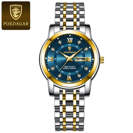 POEDAGAR Women Wristwatch Luxury Quartz Ladies Watch Waterproof Stainless Steel Luminous Date Week Women's Watches Dress Clock 769 Gold Blue