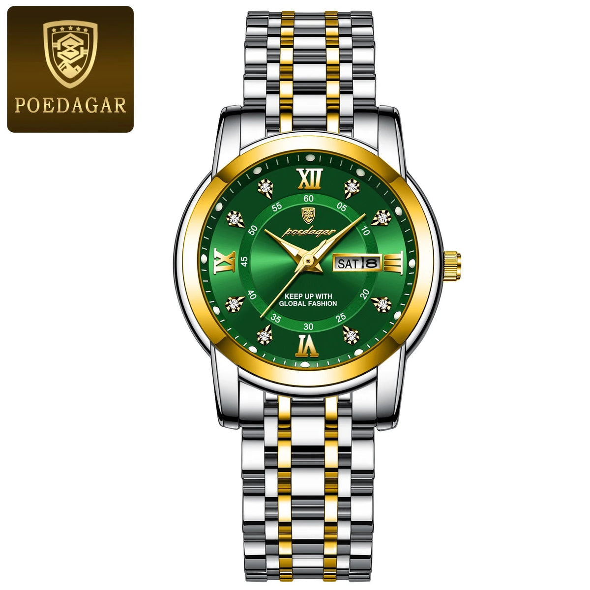 POEDAGAR Women Wristwatch Luxury Quartz Ladies Watch Waterproof Stainless Steel Luminous Date Week Women's Watches Dress Clock 769 Gold Green