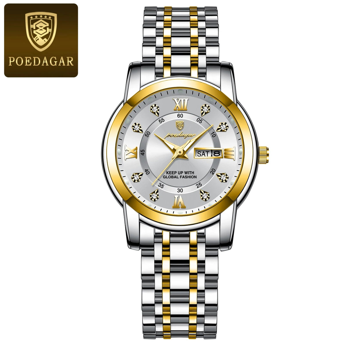 POEDAGAR Women Wristwatch Luxury Quartz Ladies Watch Waterproof Stainless Steel Luminous Date Week Women's Watches Dress Clock 769 Gold White
