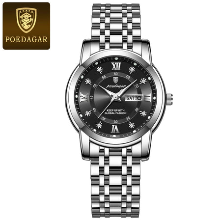POEDAGAR Women Wristwatch Luxury Quartz Ladies Watch Waterproof Stainless Steel Luminous Date Week Women's Watches Dress Clock 769 Silver Black