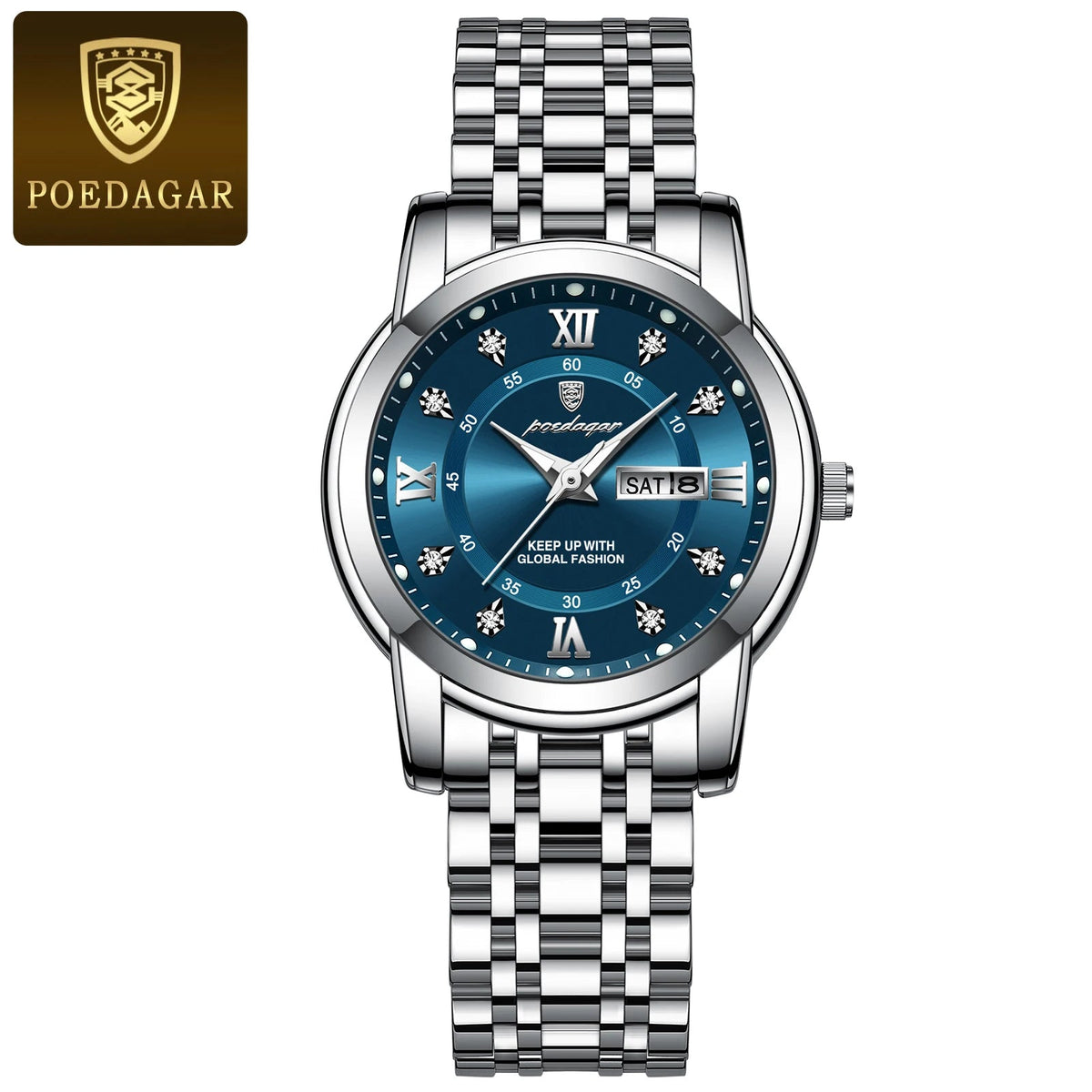 POEDAGAR Women Wristwatch Luxury Quartz Ladies Watch Waterproof Stainless Steel Luminous Date Week Women's Watches Dress Clock 769 Silver Blue