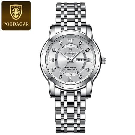 POEDAGAR Women Wristwatch Luxury Quartz Ladies Watch Waterproof Stainless Steel Luminous Date Week Women's Watches Dress Clock 769 Silver White