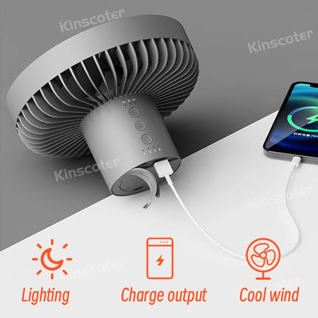 Portable Rechargeable Camping Fan with Power Bank and LED Lighting