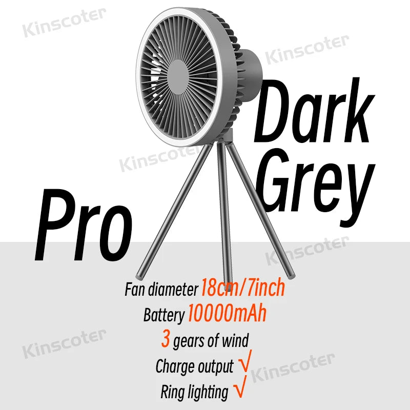 Portable Rechargeable Camping Fan with Power Bank and LED Lighting Pro Dark Grey