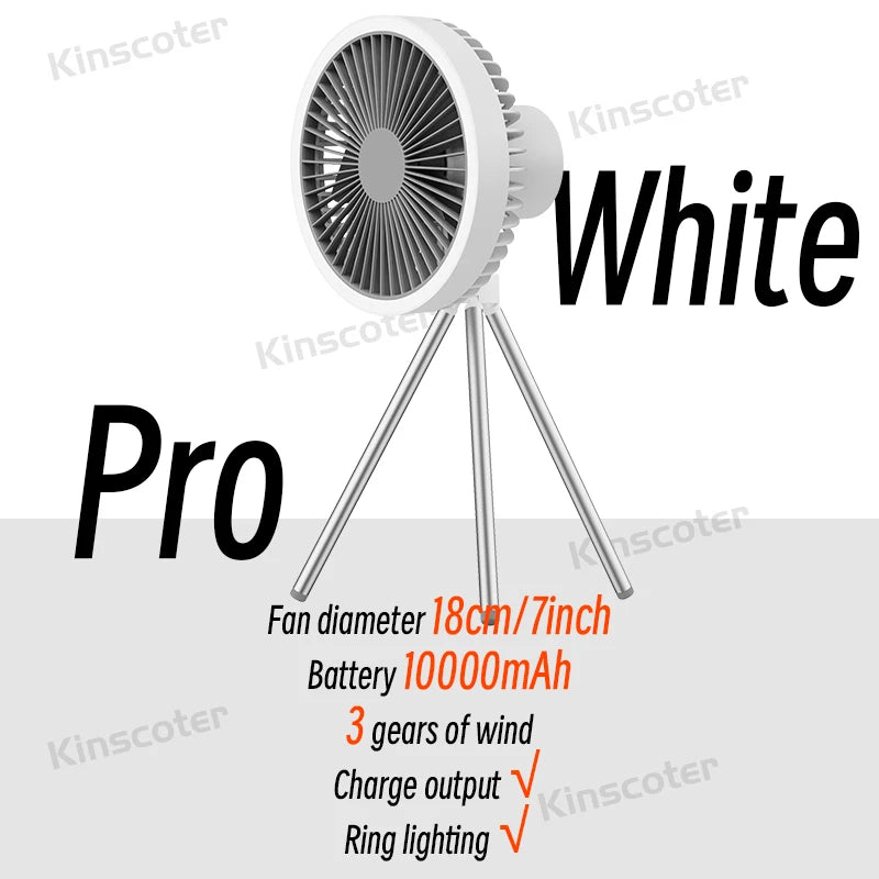 Portable Rechargeable Camping Fan with Power Bank and LED Lighting Pro White