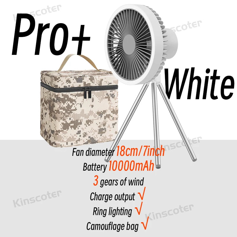 Portable Rechargeable Camping Fan with Power Bank and LED Lighting Pro White with BAG