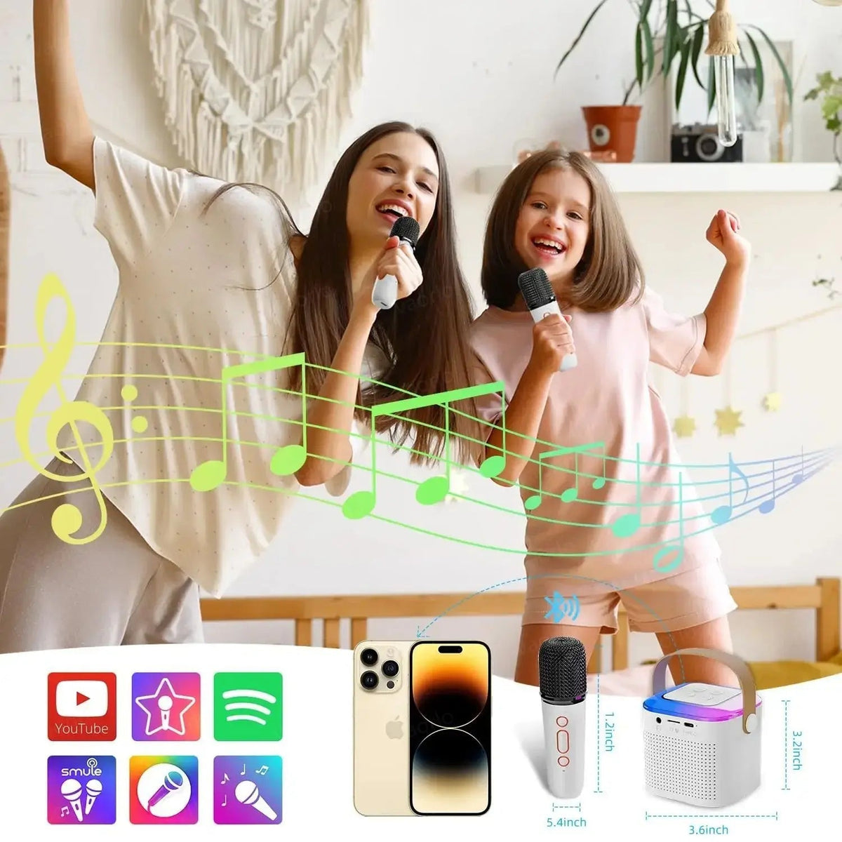 Portable Wireless Dual Microphone Karaoke Machine Bluetooth PA Speaker KTV DSP System HIFI Stereo Sound RGB Colorful LED Lights