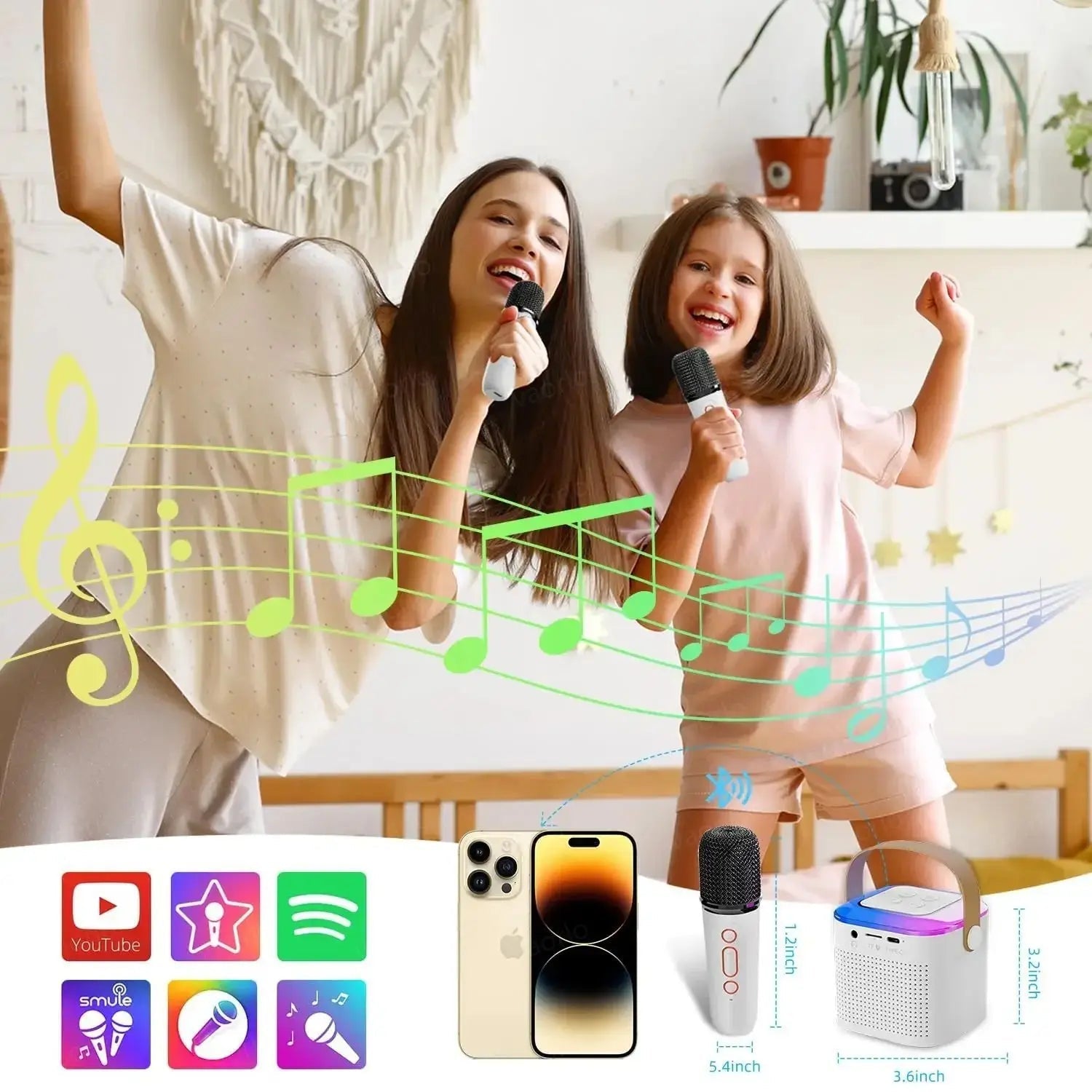 Portable Wireless Dual Microphone Karaoke Machine Bluetooth PA Speaker KTV DSP System HIFI Stereo Sound RGB Colorful LED Lights