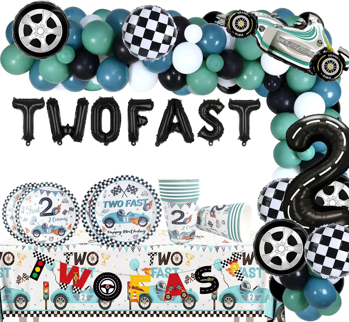 Race Car 2nd Birthday Party Decorations Tableware 40&amp;quot; Number Balloon Checkered Foil Balloons