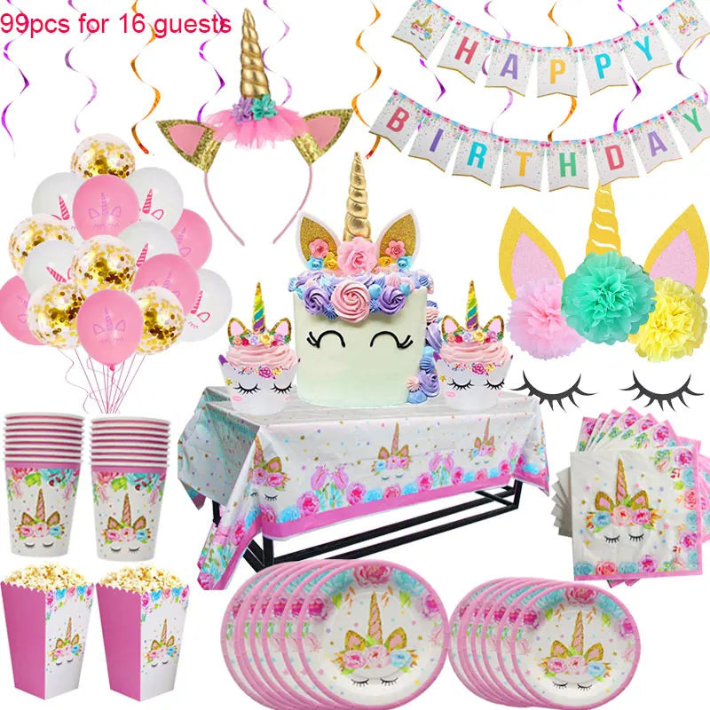 Rainbow Unicorn Birthday Supplies Set  99pcs for 16 guest