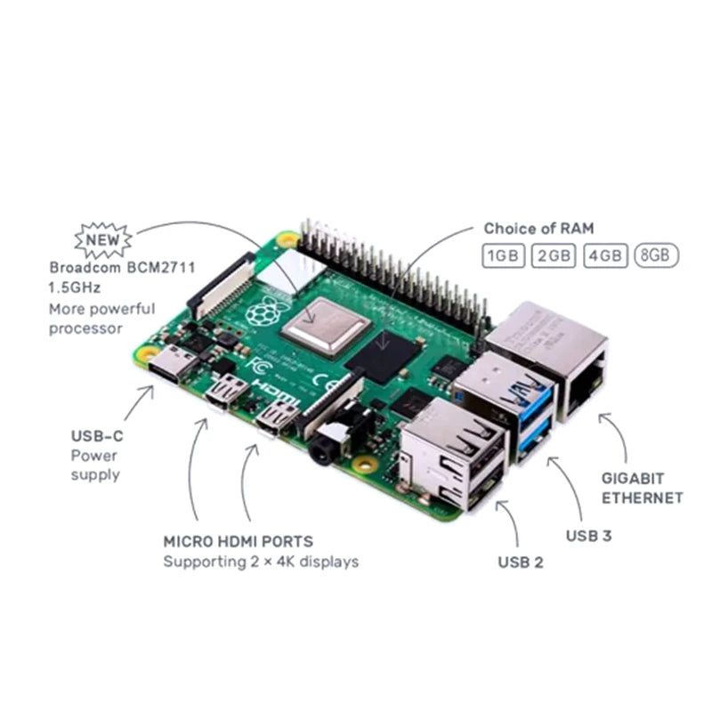 Raspberry Pi 4 Model B 1 2 4 8 GB RAM Cortex-A72 ARM v8 64-bit SoC 1.5GHz Gigabit Ethernet WiFi BLE 4K Video RPi 4B Pi4