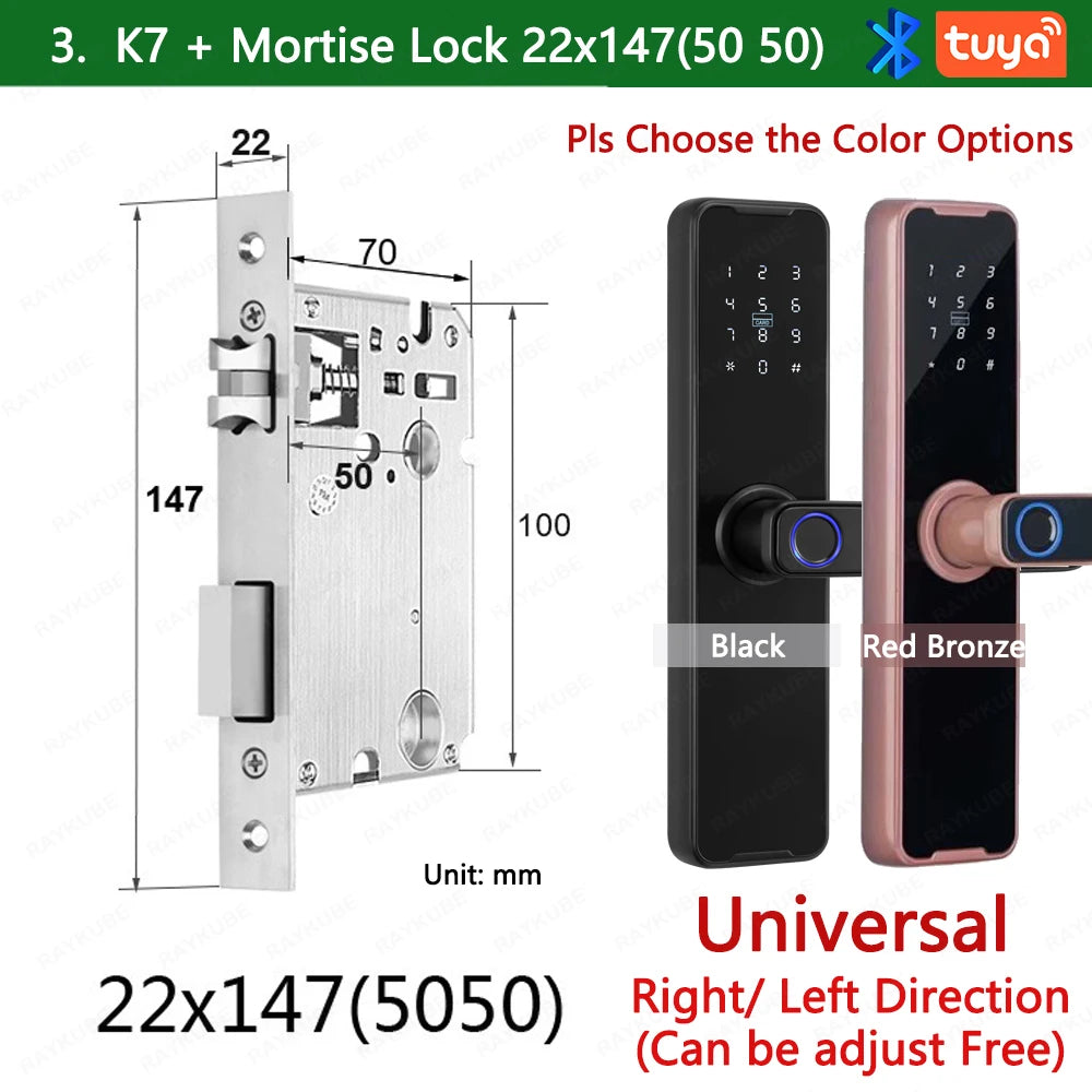 RAYKUBE Biometric Fingerprint Door Lock K7 Pro+ Smart Lock Tuya App Remote Unlocking Keyless Lock Electronic Door Lock 22x147 / Red Bronze