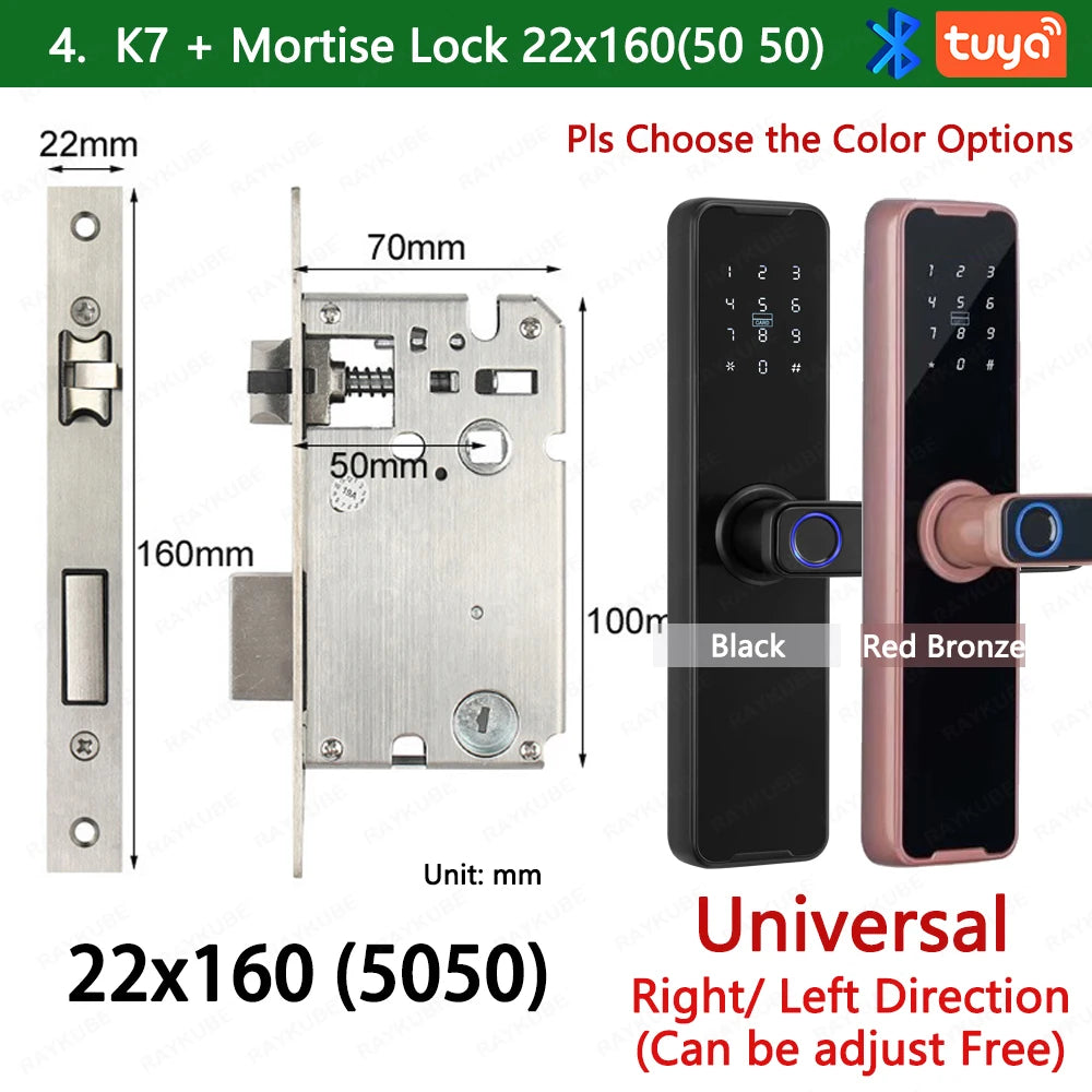 RAYKUBE Biometric Fingerprint Door Lock K7 Pro+ Smart Lock Tuya App Remote Unlocking Keyless Lock Electronic Door Lock 22x160 / Black