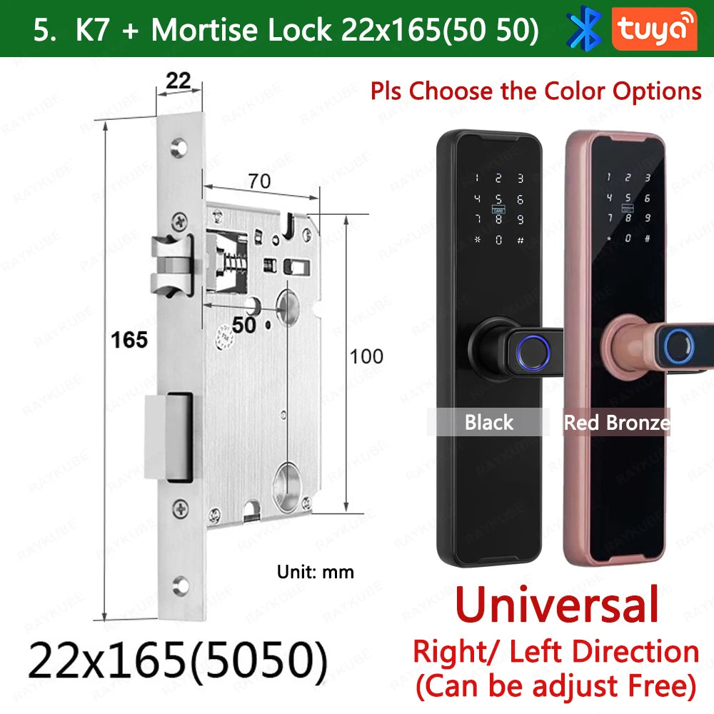 RAYKUBE Biometric Fingerprint Door Lock K7 Pro+ Smart Lock Tuya App Remote Unlocking Keyless Lock Electronic Door Lock 22x165 / Red Bronze