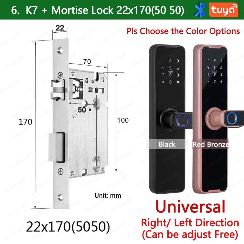 RAYKUBE Biometric Fingerprint Door Lock K7 Pro+ Smart Lock Tuya App Remote Unlocking Keyless Lock Electronic Door Lock 22x170 / Red Bronze