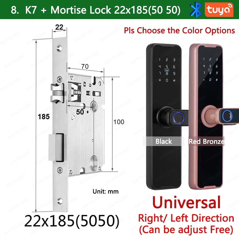 RAYKUBE Biometric Fingerprint Door Lock K7 Pro+ Smart Lock Tuya App Remote Unlocking Keyless Lock Electronic Door Lock 22x185 / Red Bronze