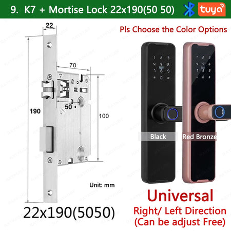 RAYKUBE Biometric Fingerprint Door Lock K7 Pro+ Smart Lock Tuya App Remote Unlocking Keyless Lock Electronic Door Lock 22x190 / Red Bronze