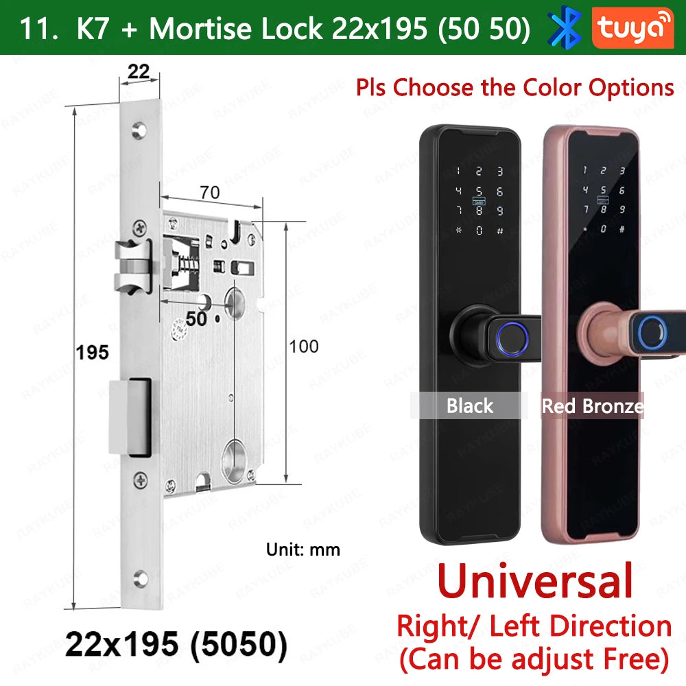 RAYKUBE Biometric Fingerprint Door Lock K7 Pro+ Smart Lock Tuya App Remote Unlocking Keyless Lock Electronic Door Lock 22x195 / Red Bronze