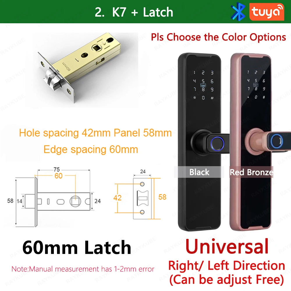 RAYKUBE Biometric Fingerprint Door Lock K7 Pro+ Smart Lock Tuya App Remote Unlocking Keyless Lock Electronic Door Lock With Latch / Red Bronze
