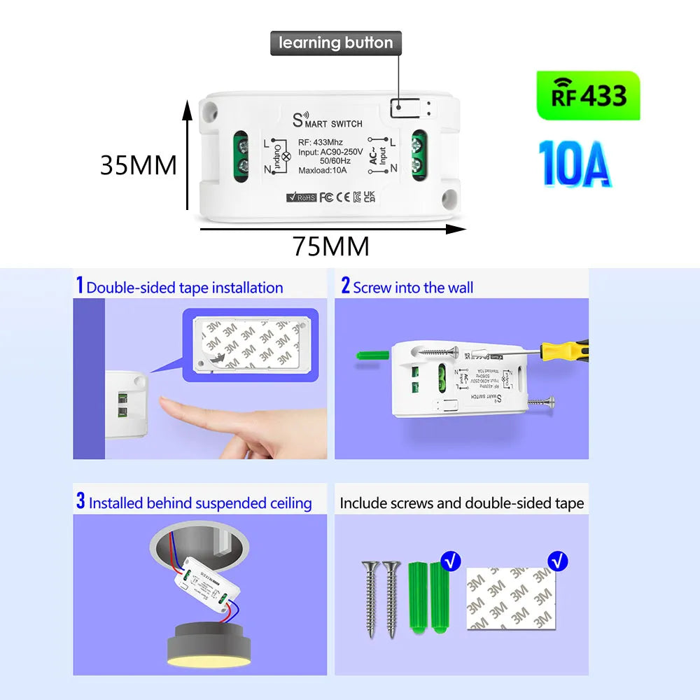 RF 433Mhz Wireless Smart Light Switch Mini Wall Panel Switch with Remote Control Mini AC 110V 220V 230V Relay Receiver Light Fan