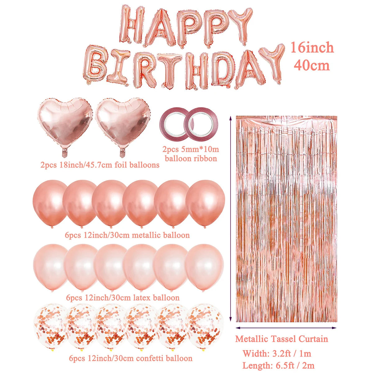 Rose Gold Birthday Balloons &amp;amp; Metallic Foil Tinsel Curtain Background