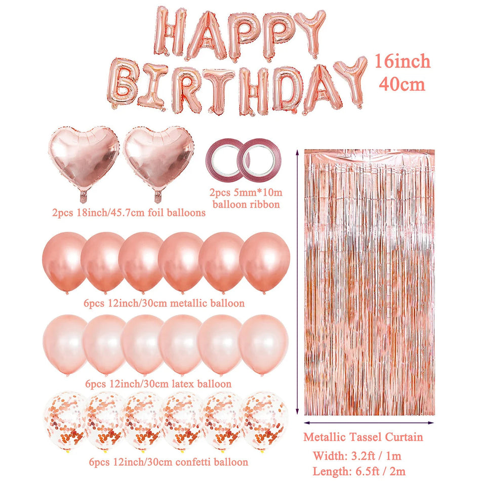 Rose Gold Birthday Balloons &amp;amp; Metallic Foil Tinsel Curtain Background