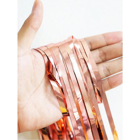 Rose Gold Birthday Balloons &amp;amp; Metallic Foil Tinsel Curtain Background