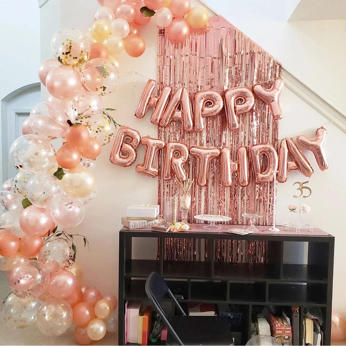Rose Gold Birthday Balloons &amp;amp; Metallic Foil Tinsel Curtain Background