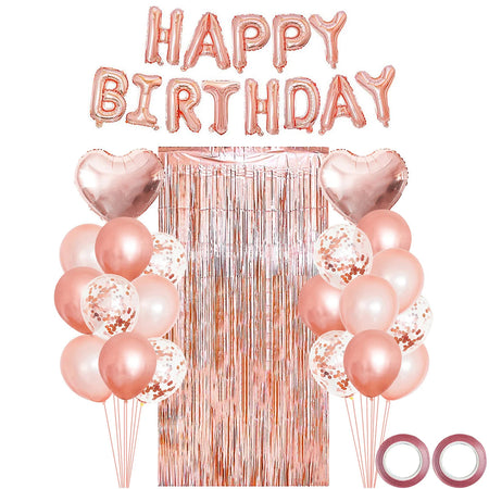 Rose Gold Birthday Balloons &amp;amp; Metallic Foil Tinsel Curtain Background Rose Gold / Other