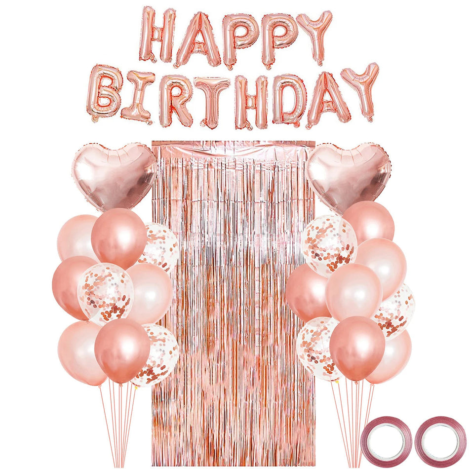 Rose Gold Birthday Balloons &amp;amp; Metallic Foil Tinsel Curtain Background Rose Gold / Other